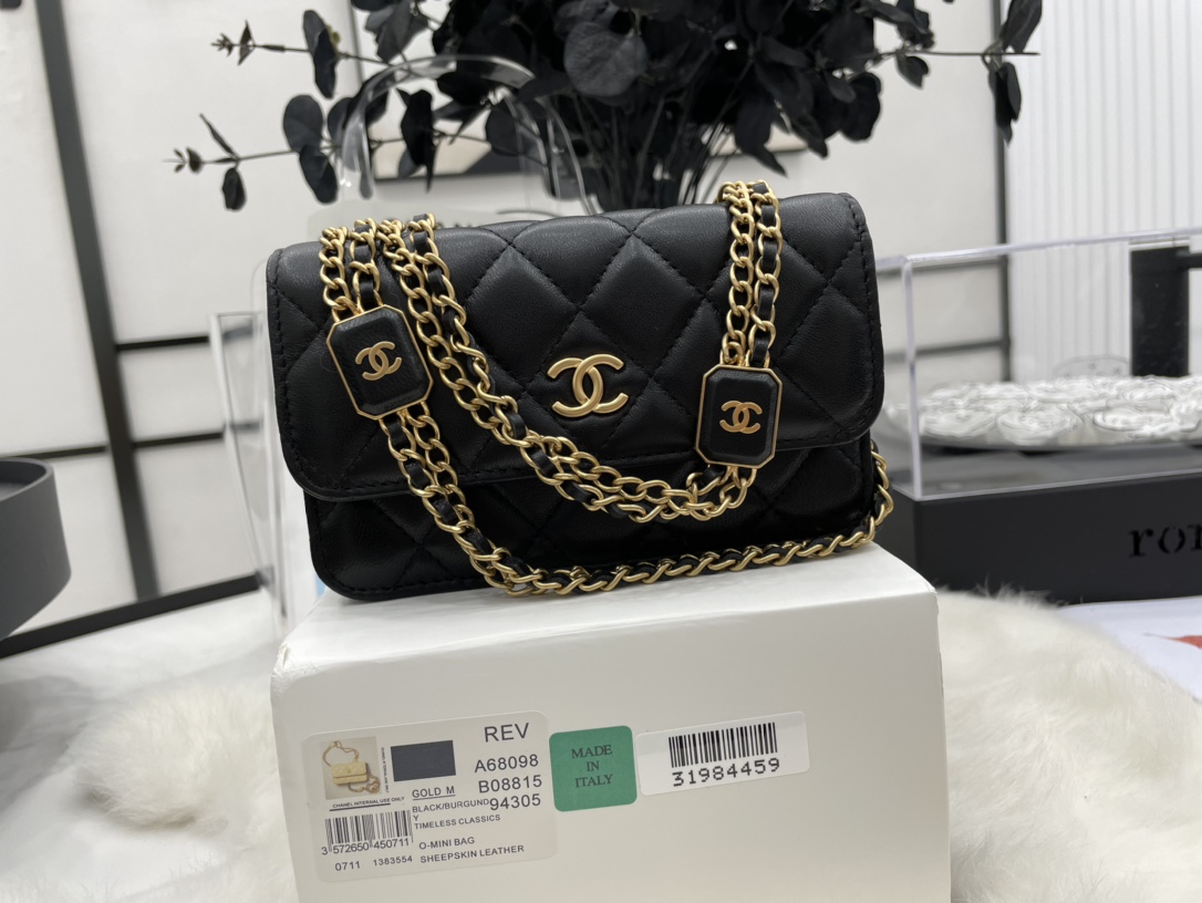 Chanel A68098 Mini Flap Bag Lambskin Black With Gold