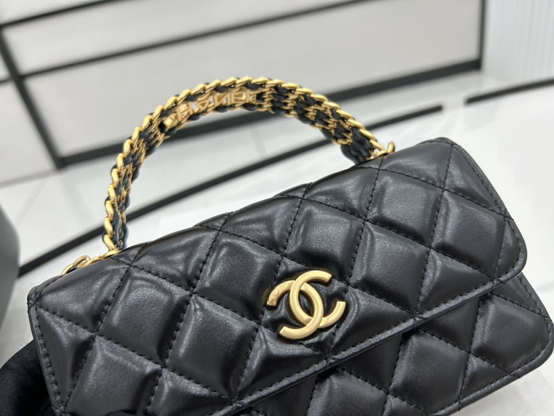 Chanel A68136 Small Flap Bag With Top Handle Shiny Lambskin Gold-Tone Metal Black