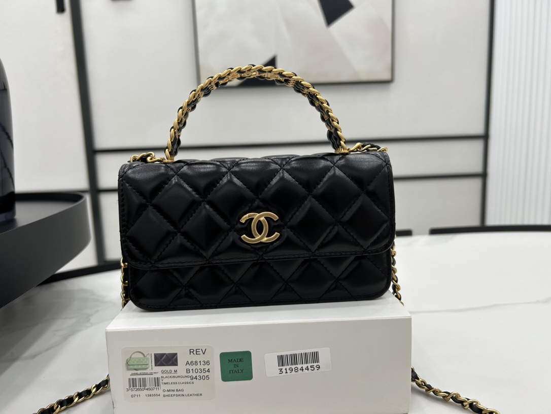 Chanel A68136 Small Flap Bag With Top Handle Shiny Lambskin Gold-Tone Metal Black