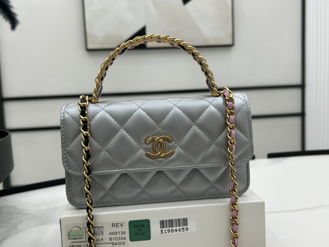 Chanel A68136 Small Flap Bag With Top Handle Shiny Lambskin Gold-Tone Metal Gray