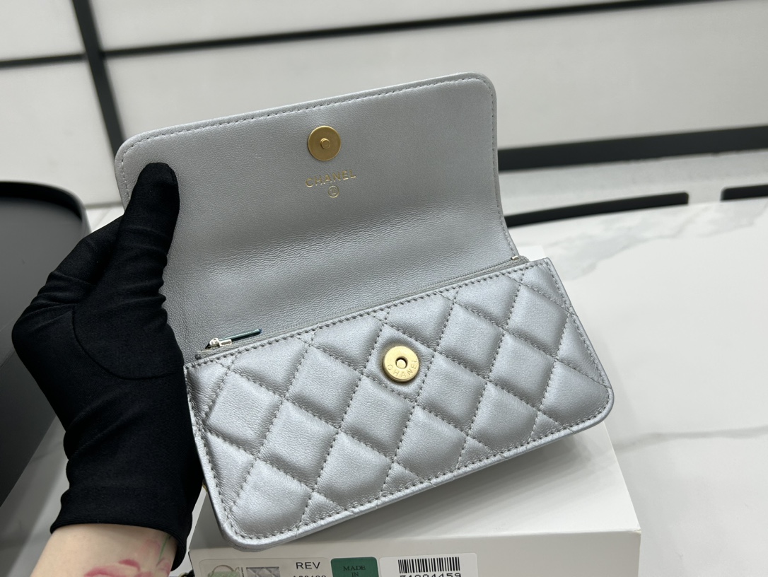 Chanel A68136 Small Flap Bag With Top Handle Shiny Lambskin Gold-Tone Metal Gray