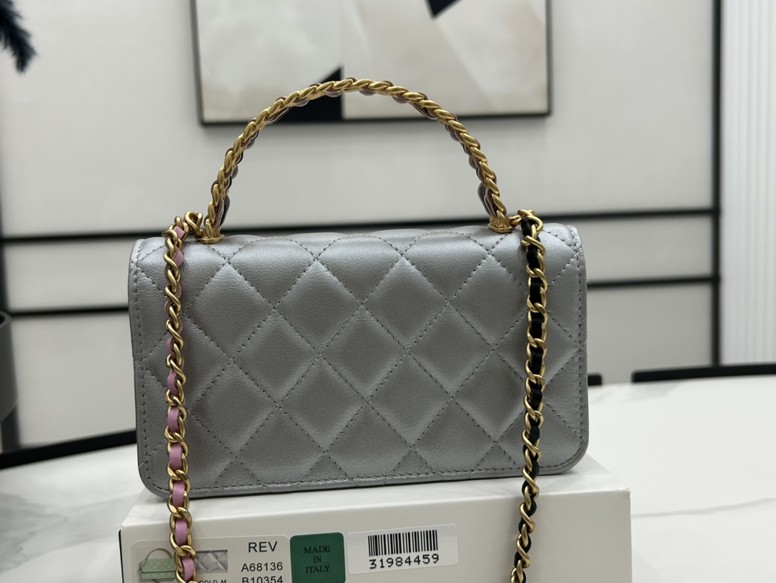 Chanel A68136 Small Flap Bag With Top Handle Shiny Lambskin Gold-Tone Metal Gray