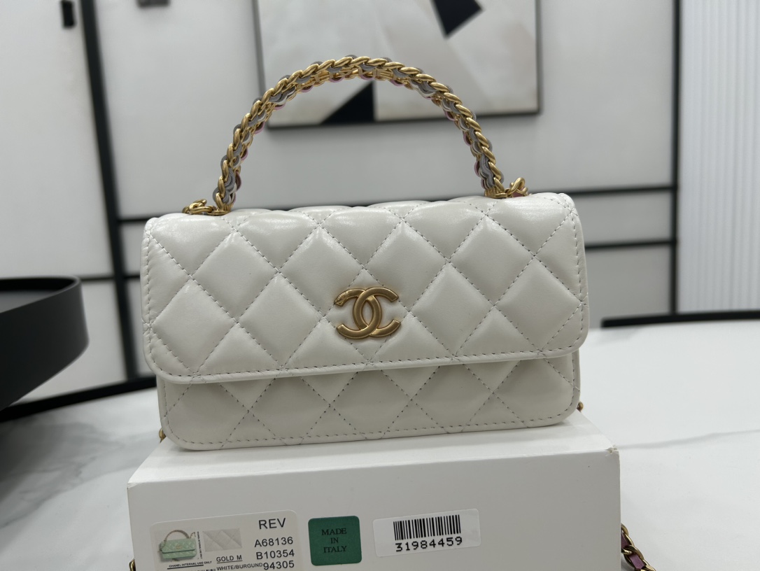 Chanel A68136 Small Flap Bag With Top Handle Shiny Lambskin Gold-Tone Metal White