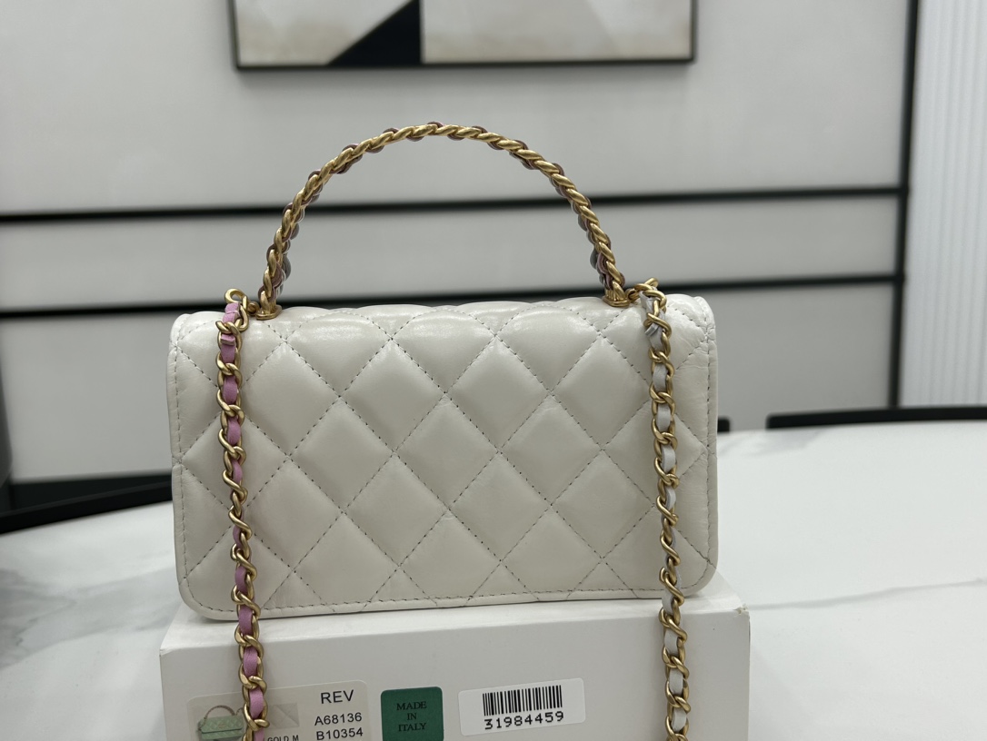 Chanel A68136 Small Flap Bag With Top Handle Shiny Lambskin Gold-Tone Metal White