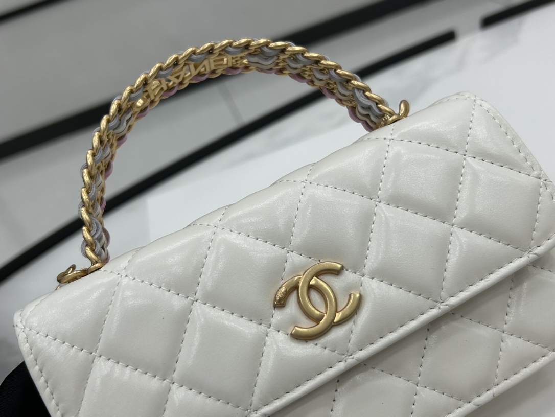 Chanel A68136 Small Flap Bag With Top Handle Shiny Lambskin Gold-Tone Metal White