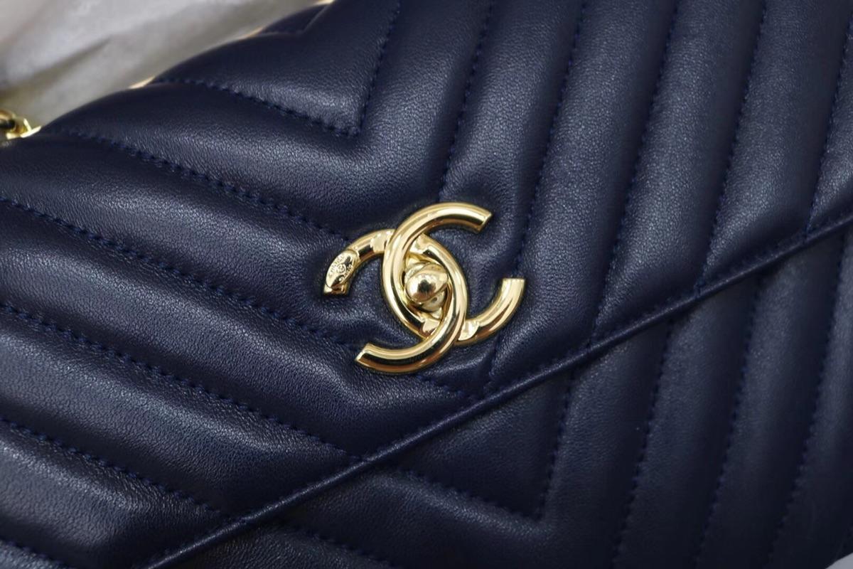 Chanel A69923 Flap Bag With Top Handle Lambskin Gold Tone Metal Blue