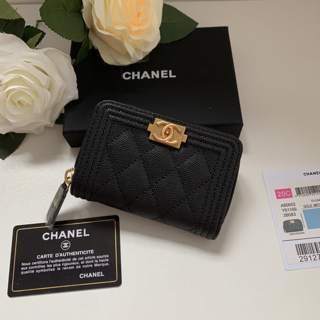 Chanel A80602 Leboy Zippy Wallet Grained Calfskin Black With Gold