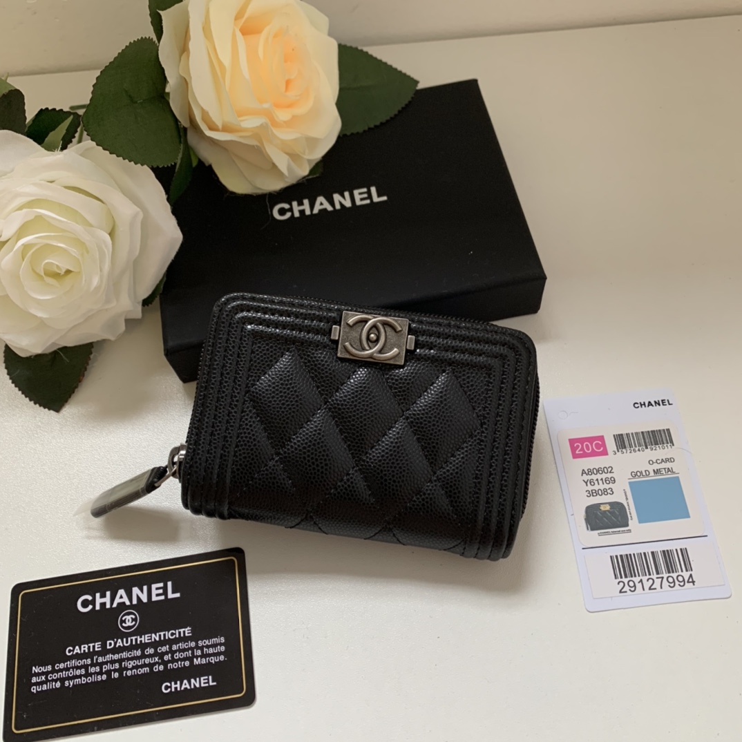 Chanel A80602 Leboy Zippy Wallet Grained Calfskin Black With Silver