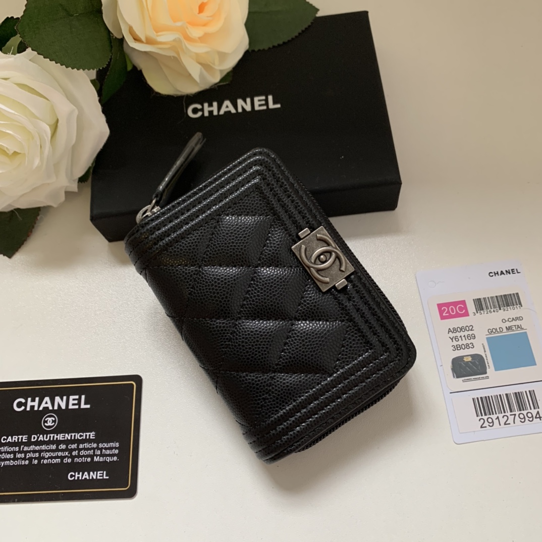 Chanel A80602 Leboy Zippy Wallet Grained Calfskin Black With Silver