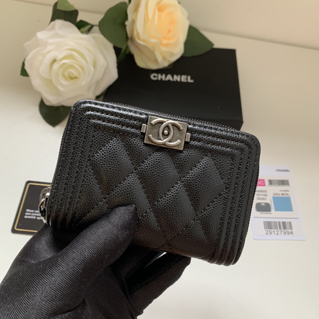 Chanel A80602 Leboy Zippy Wallet Grained Calfskin Black With Silver