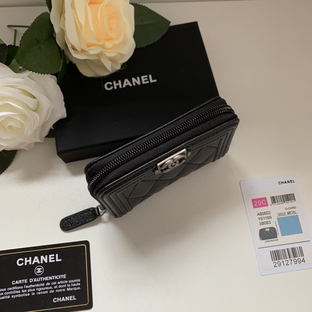 Chanel A80602 Leboy Zippy Wallet Grained Calfskin Black With Silver