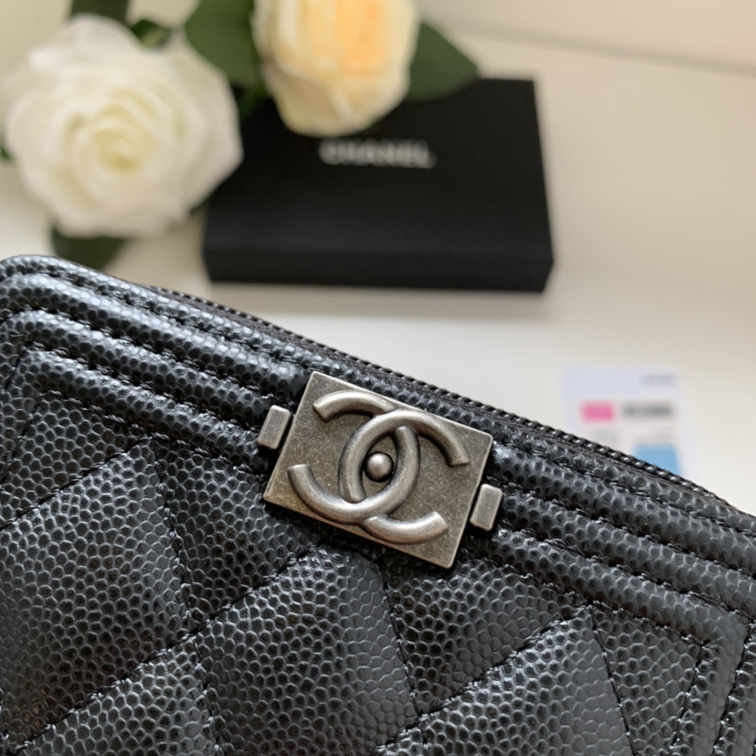 Chanel A80602 Leboy Zippy Wallet Grained Calfskin Black With Silver