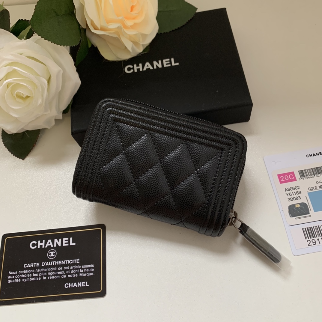 Chanel A80602 Leboy Zippy Wallet Grained Calfskin Black With Silver