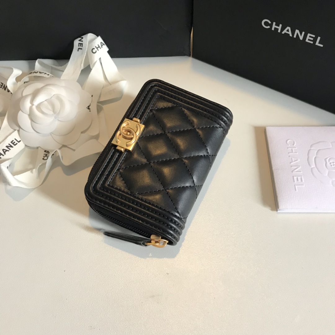 Chanel A80602 Leboy Zippy Wallet Lambskin Black With Gold