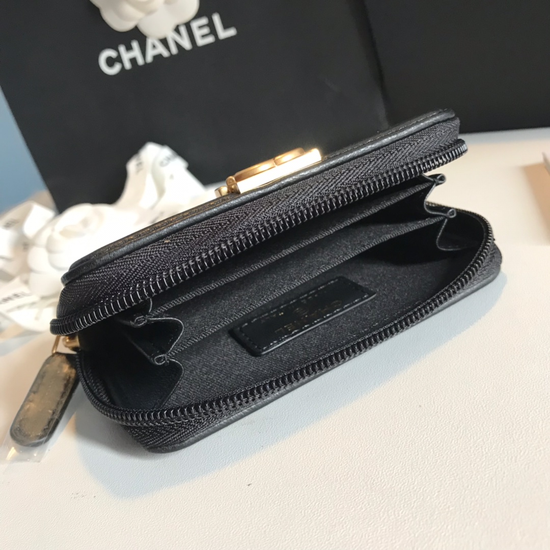 Chanel A80602 Leboy Zippy Wallet Lambskin Black With Gold