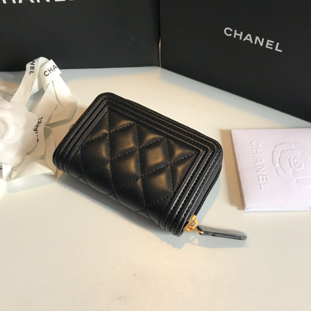 Chanel A80602 Leboy Zippy Wallet Lambskin Black With Gold