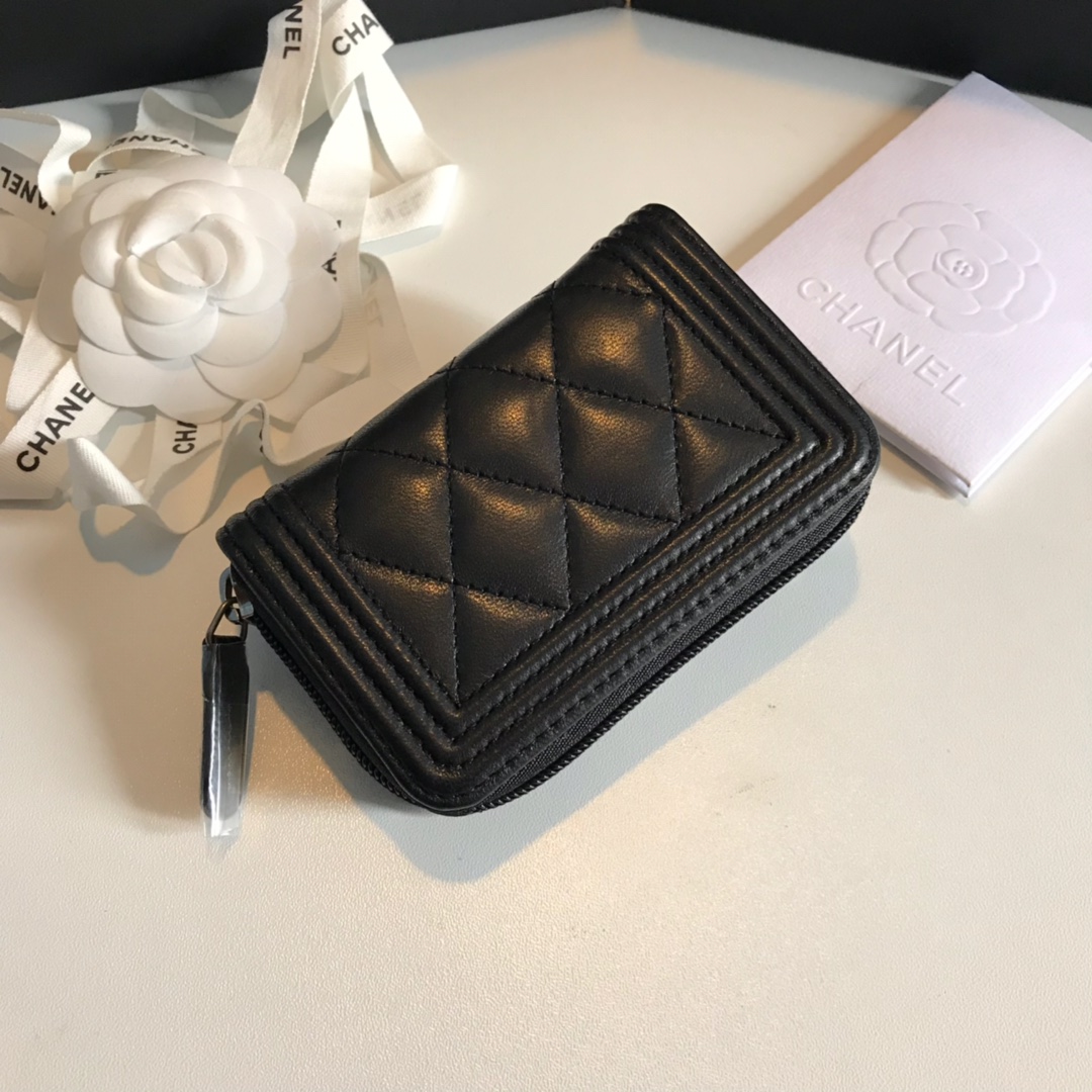 Chanel A80602 Leboy Zippy Wallet Lambskin Black With Silver