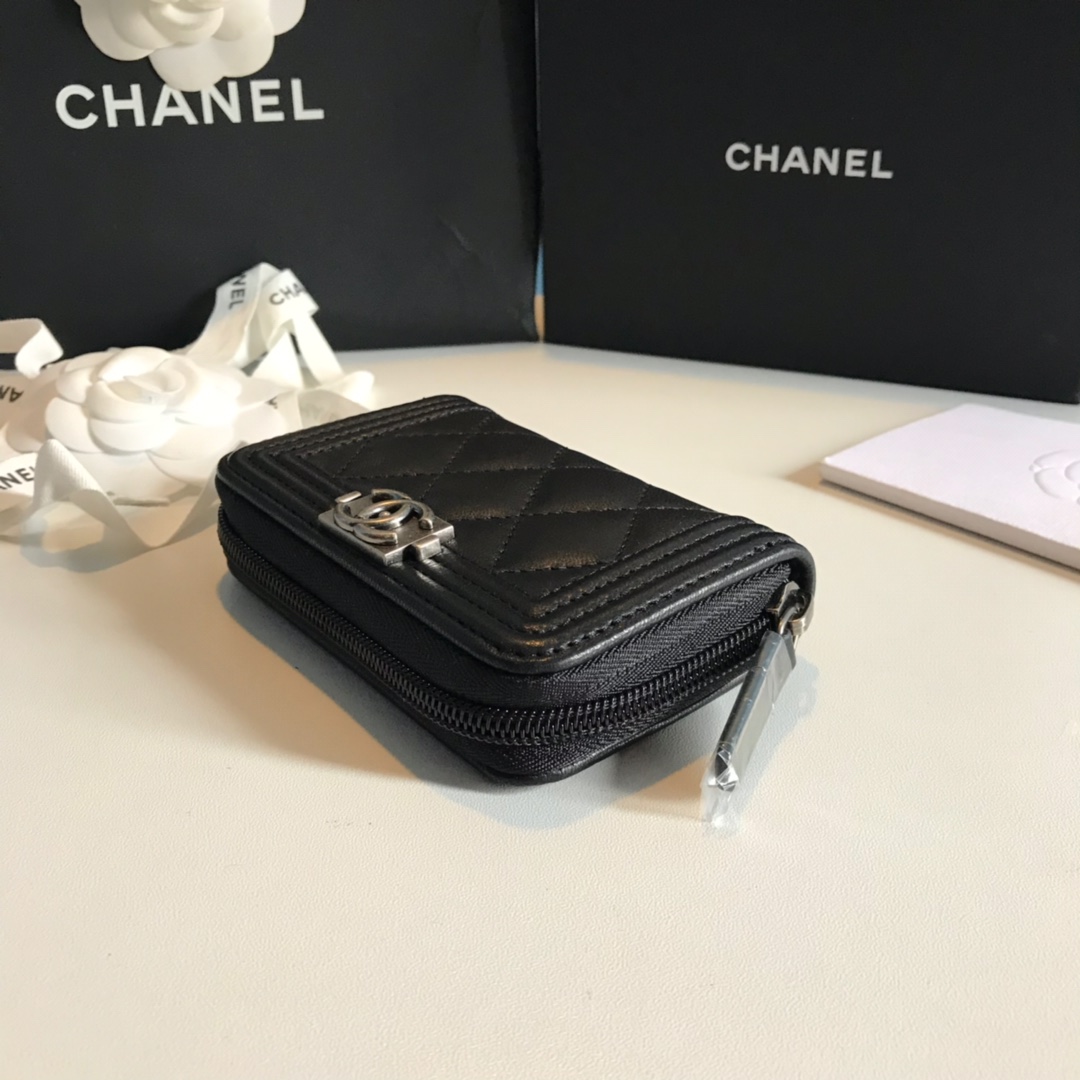 Chanel A80602 Leboy Zippy Wallet Lambskin Black With Silver