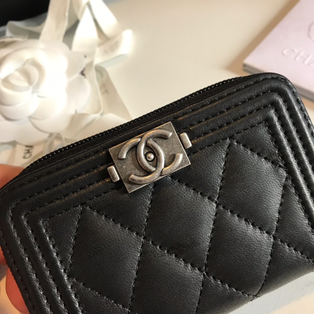 Chanel A80602 Leboy Zippy Wallet Lambskin Black With Silver