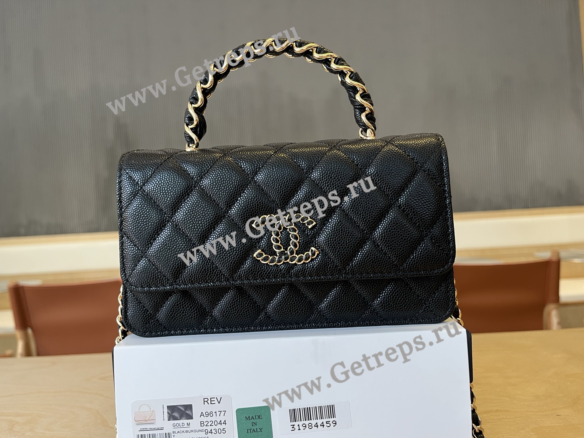 Chanel A96177 Handle WOC Wallet On Chain Gold Hardware Black Quilted Grained Calfskin