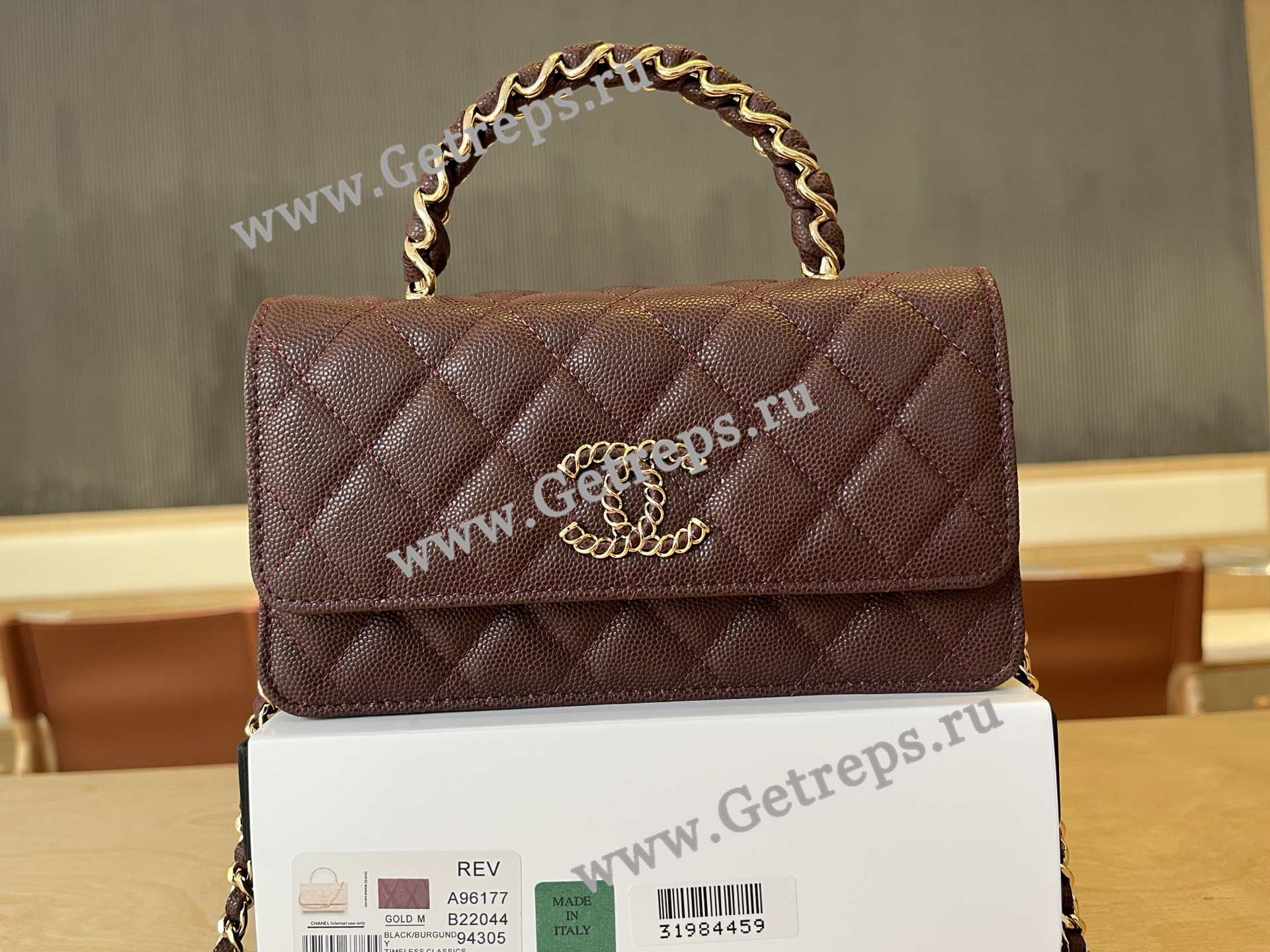 Chanel A96177 Handle WOC Wallet On Chain Gold Hardware Dark Red Quilted Grained Calfskin