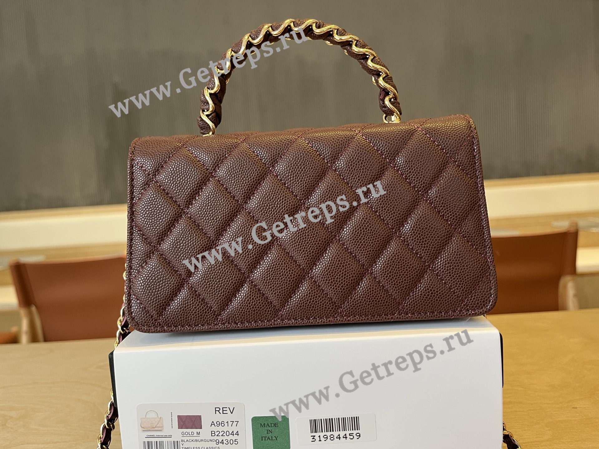 Chanel A96177 Handle WOC Wallet On Chain Gold Hardware Dark Red Quilted Grained Calfskin