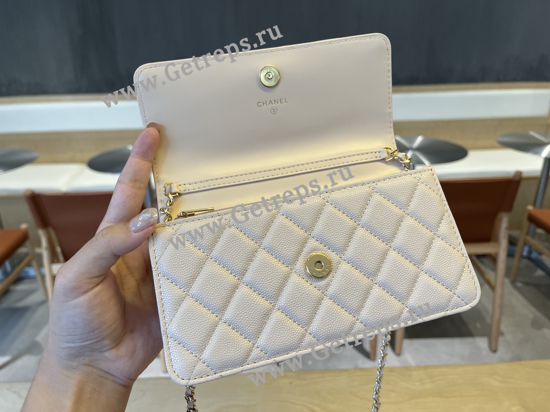 Chanel A96177 Handle WOC Wallet On Chain Gold Hardware Light Pink Quilted Grained Calfskin