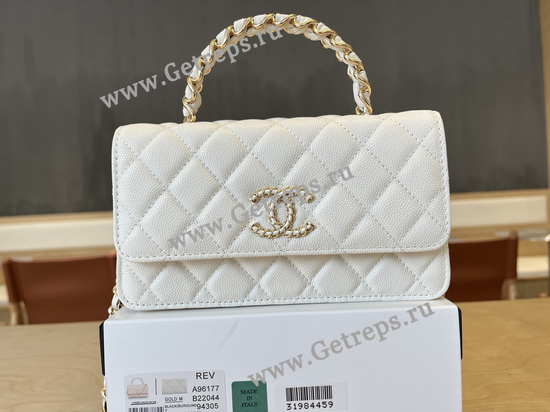 Chanel A96177 Handle WOC Wallet On Chain Gold Hardware White Quilted Grained Calfskin