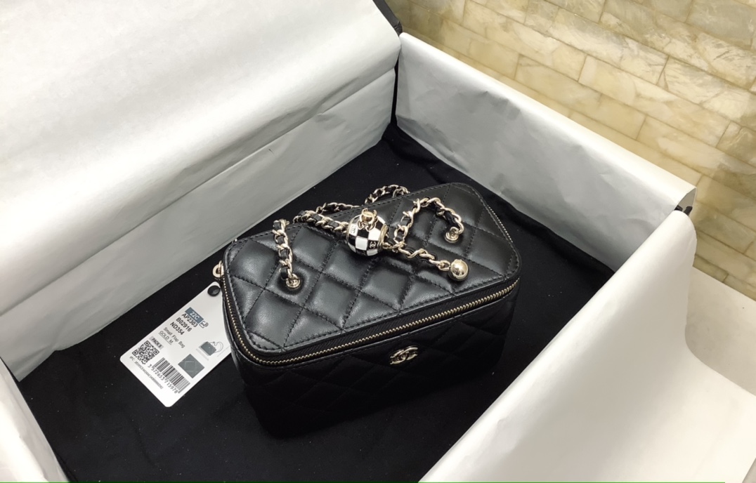 Chanel AP2303 Gold Ball Mirror Base CC Logo Black Long Vanity Case with Chain