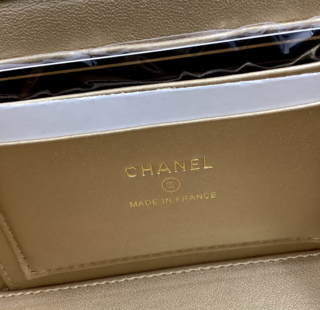 Chanel AP2303 Gold Ball Mirror Base CC Logo Black Long Vanity Case with Chain