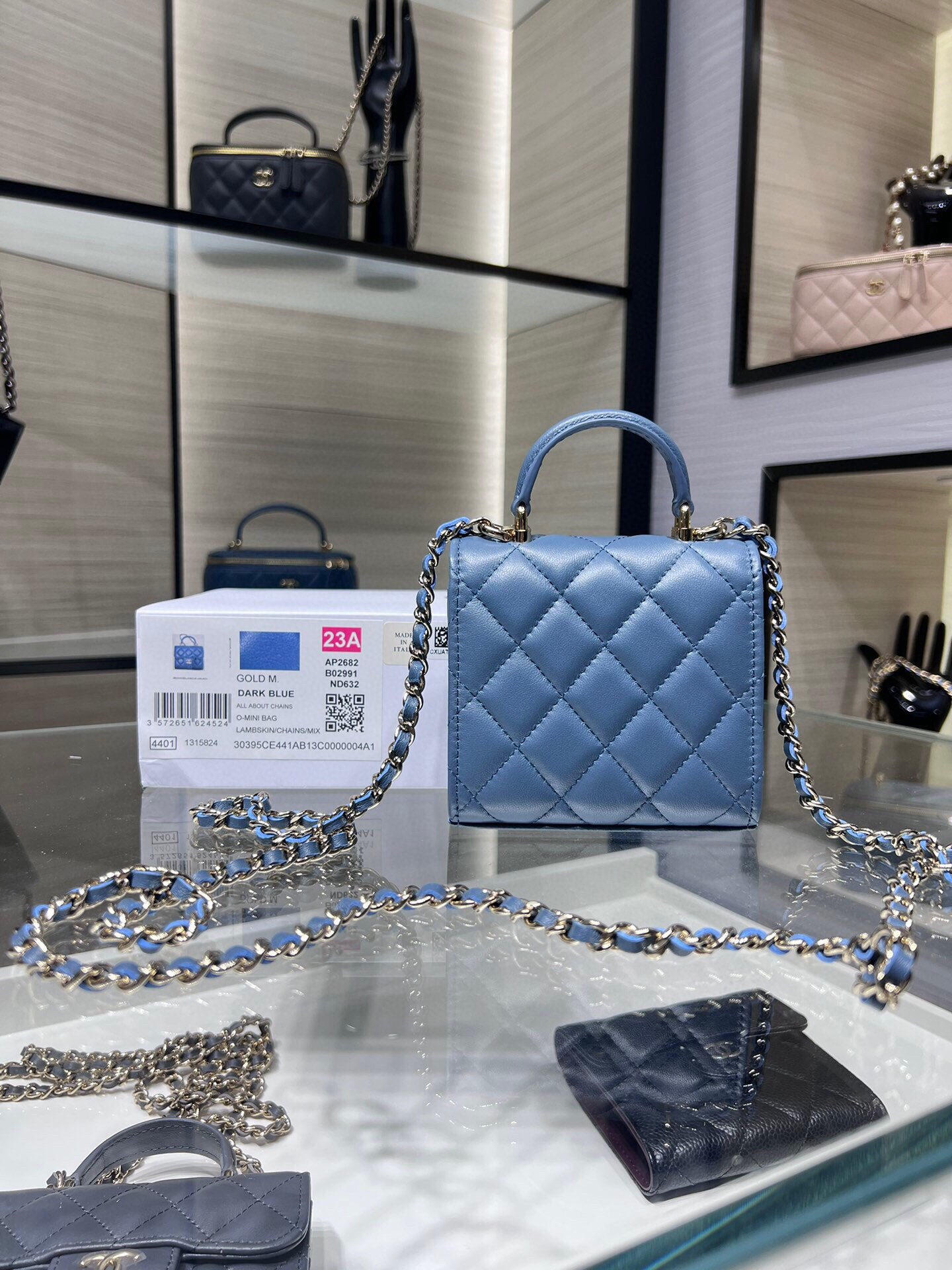 Chanel AP2682Y Flap Vanity Case with Chain Blue