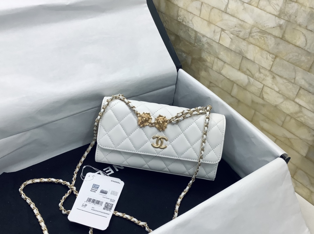 Chanel AP3426 Flap Phone Holder With Lion Chain Lambskin White