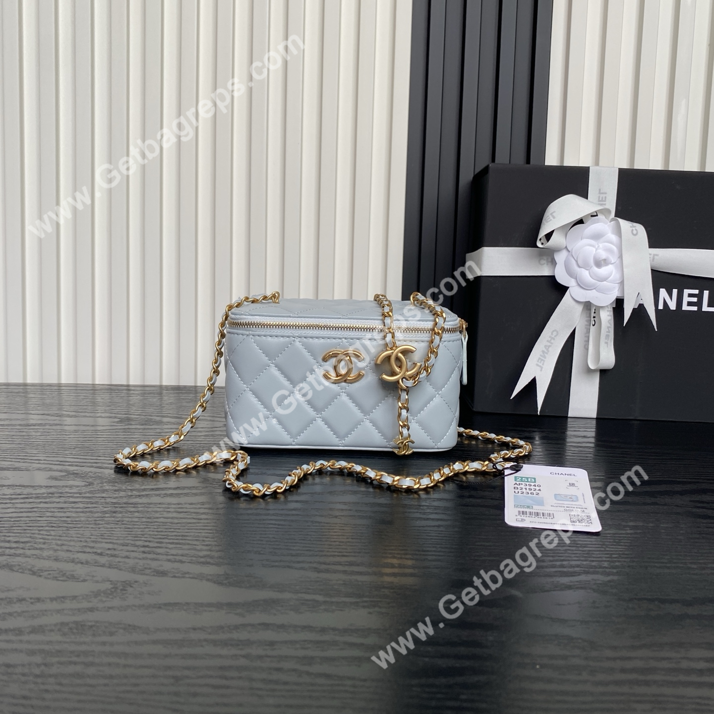 Chanel AP3940 Blue Shiny Lambskin Vanity Bag Gold-Tone Metal 