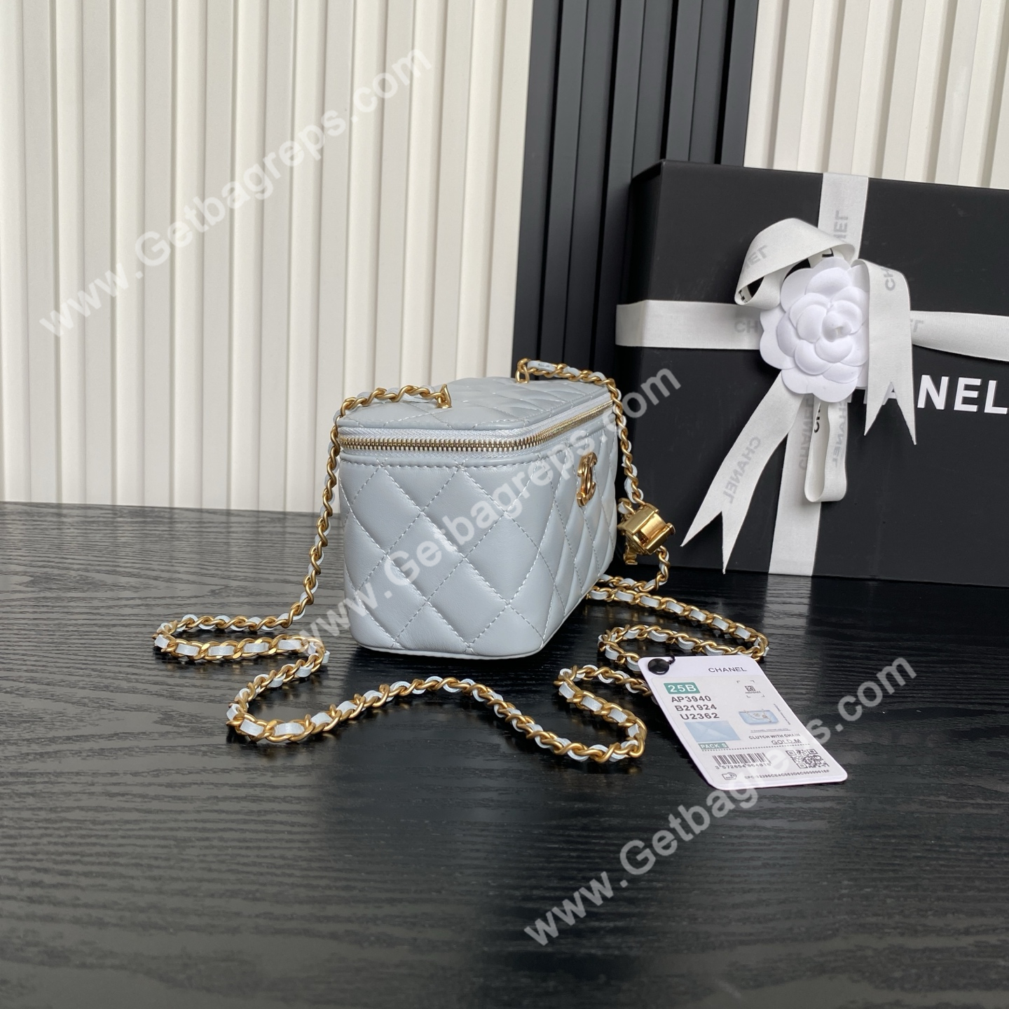 Chanel AP3940 Blue Shiny Lambskin Vanity Bag Gold-Tone Metal 