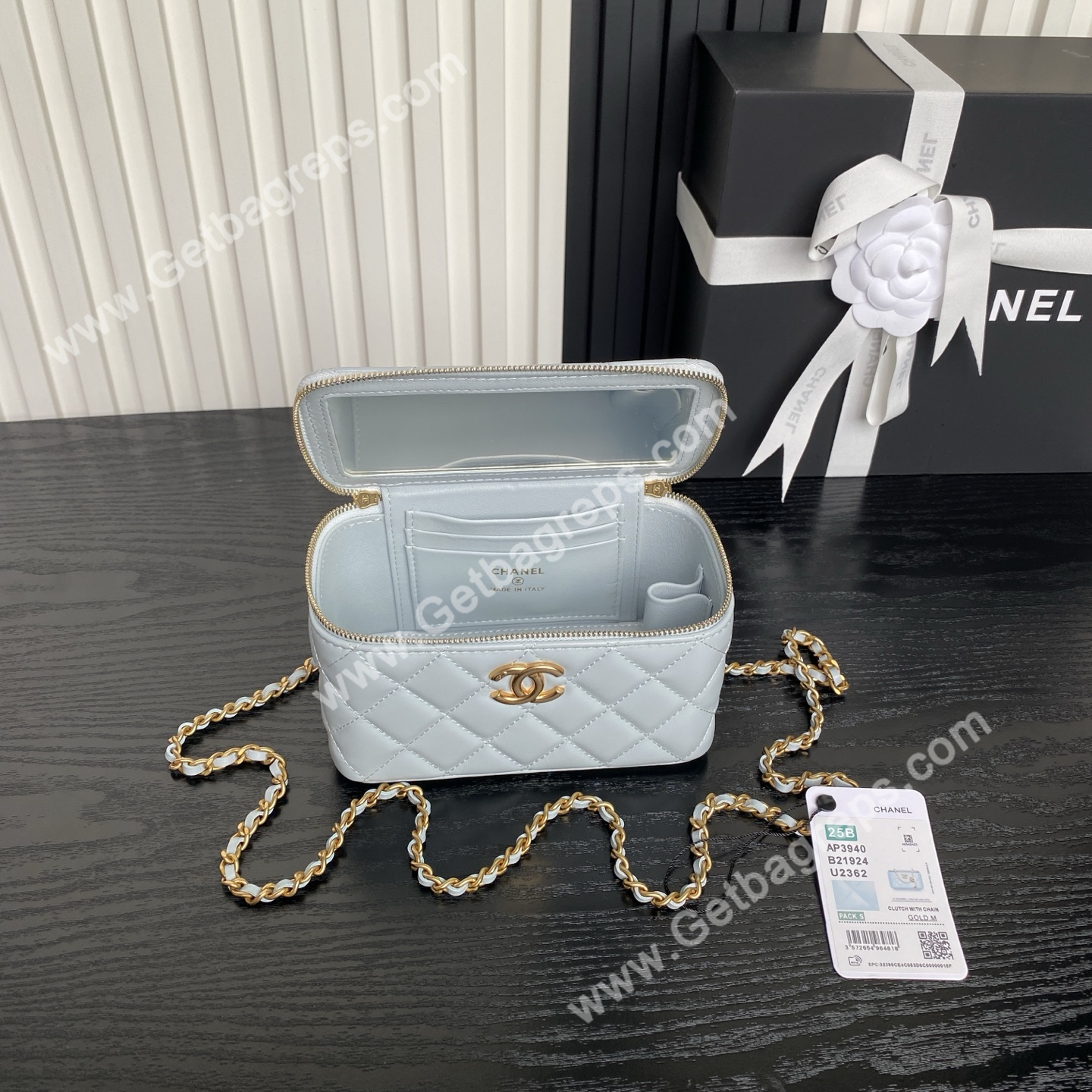 Chanel AP3940 Blue Shiny Lambskin Vanity Bag Gold-Tone Metal 