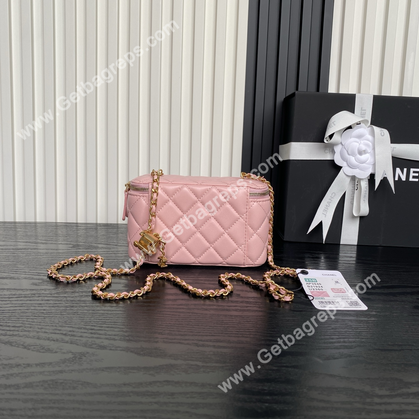 Chanel AP3940 Pink Shiny Lambskin Vanity Bag Gold-Tone Metal 