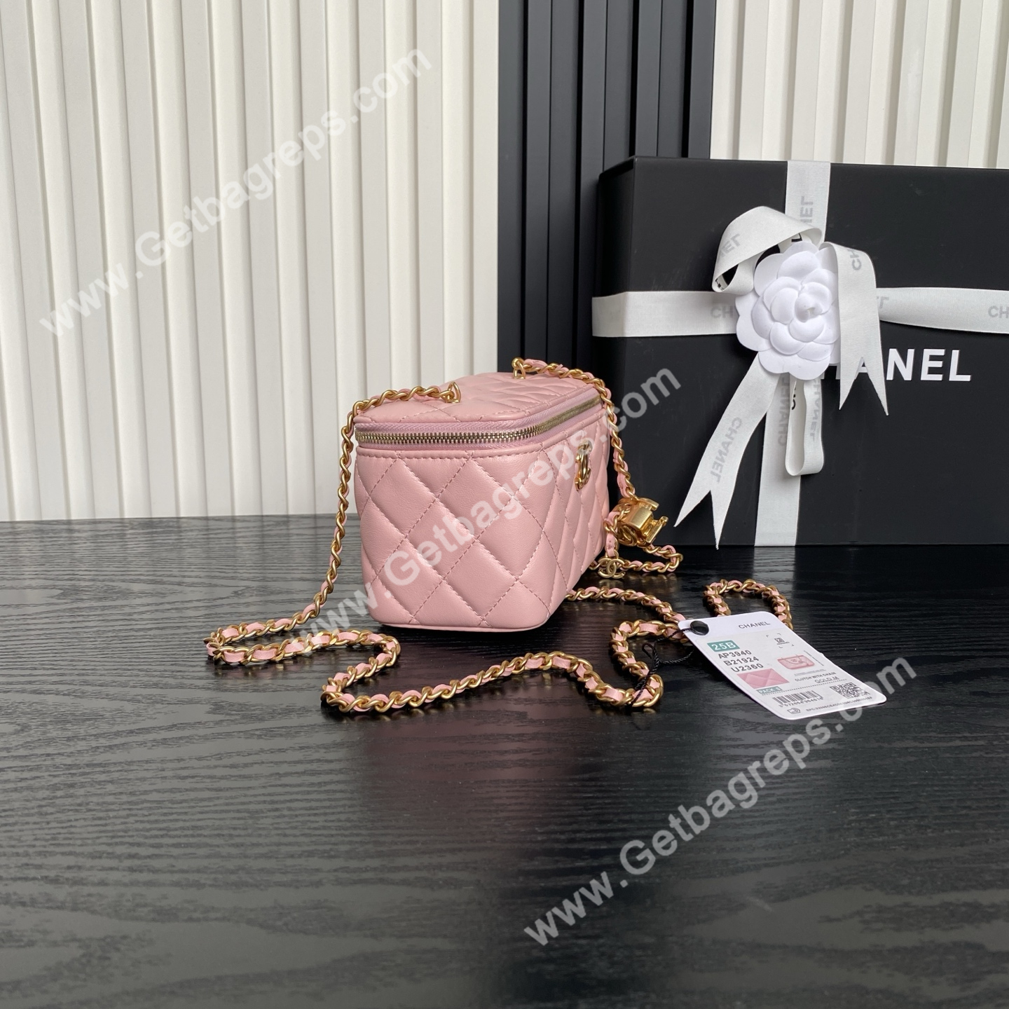 Chanel AP3940 Pink Shiny Lambskin Vanity Bag Gold-Tone Metal 