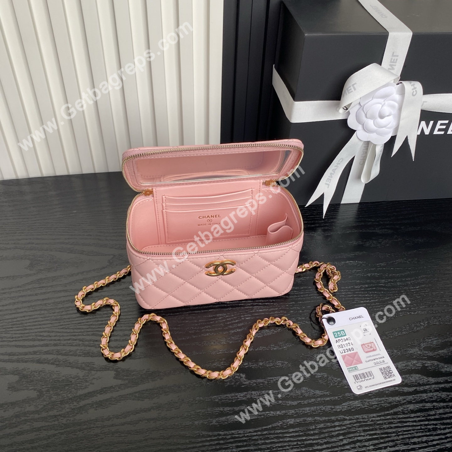 Chanel AP3940 Pink Shiny Lambskin Vanity Bag Gold-Tone Metal 