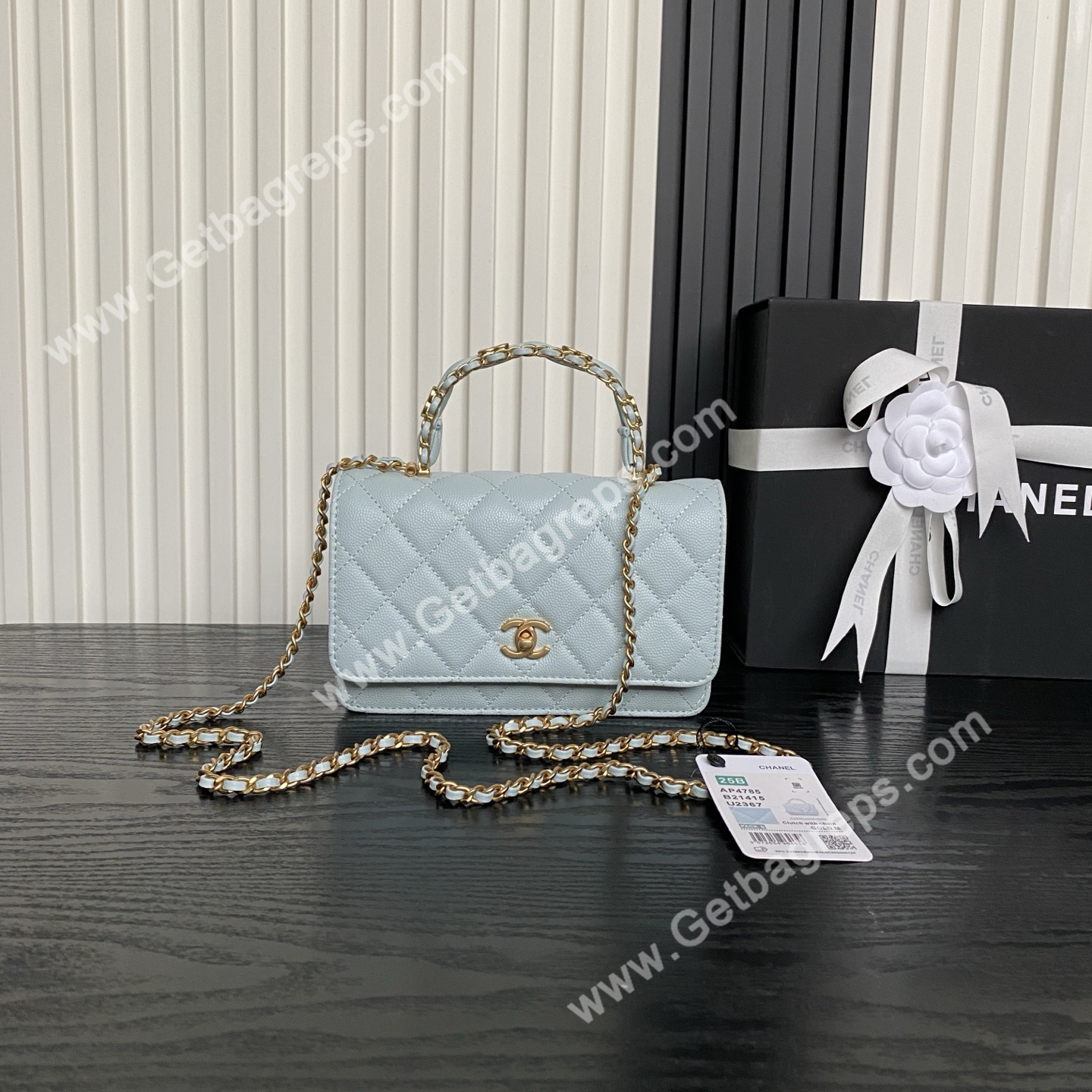 Chanel AP4785 Wallet on Chain Shiny Grained Calfskin Blue