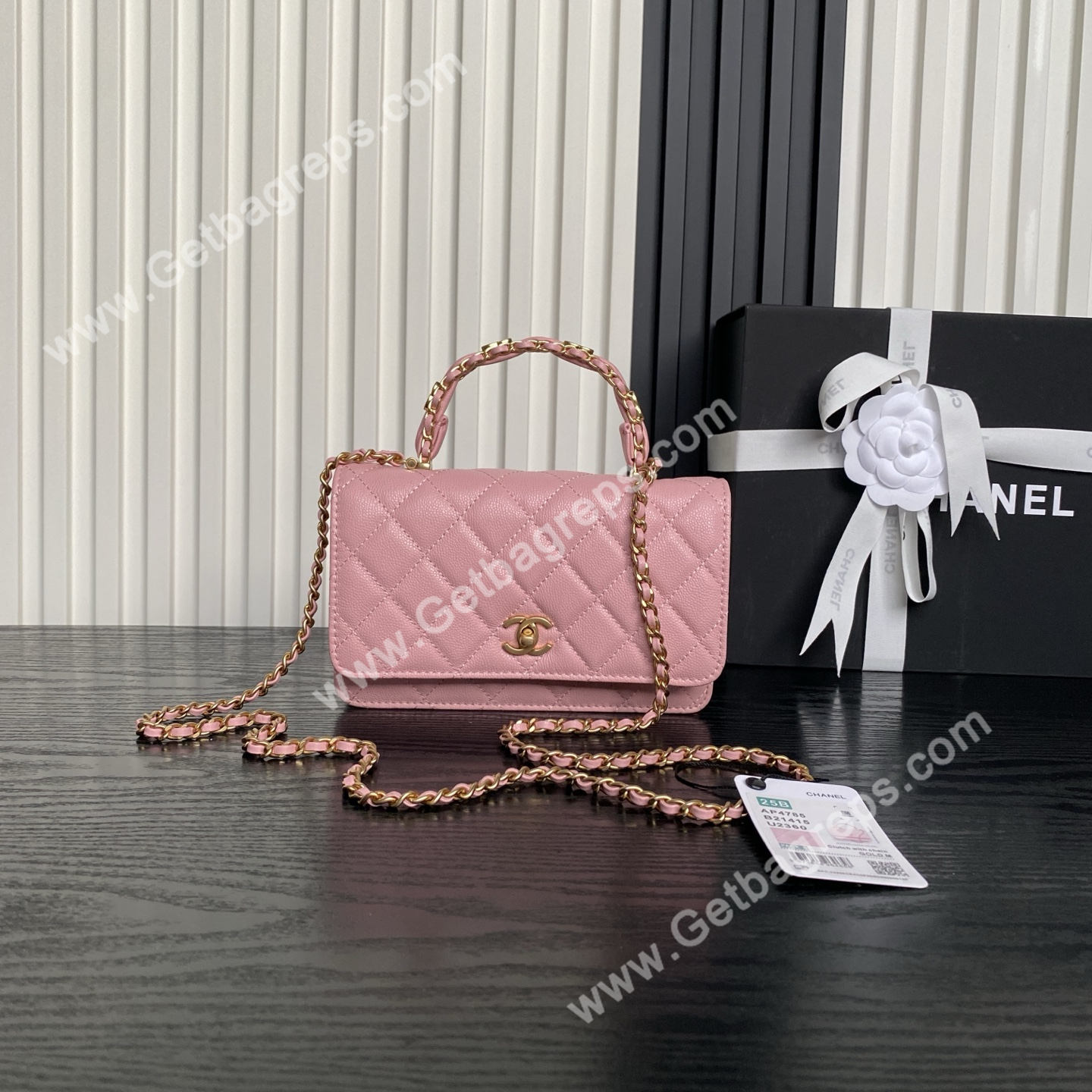 Chanel AP4785 Wallet on Chain Shiny Grained Calfskin Pink