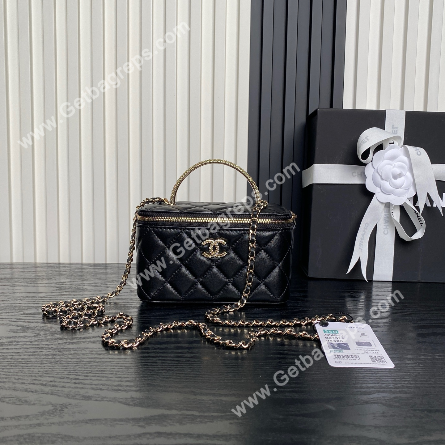 Chanel AP4842 Long Vanity With Chain Lambskin Diamonds Logo Black
