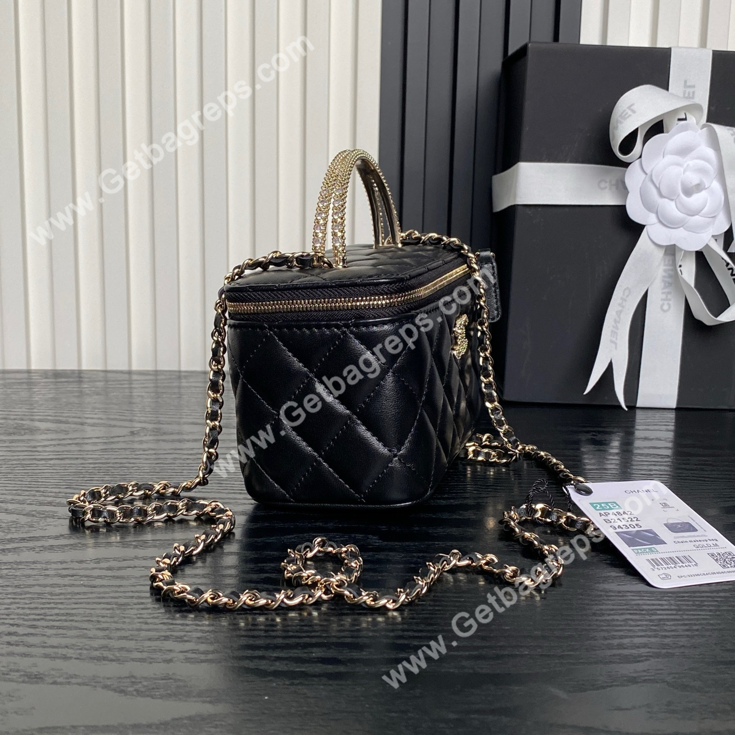 Chanel AP4842 Long Vanity With Chain Lambskin Diamonds Logo Black
