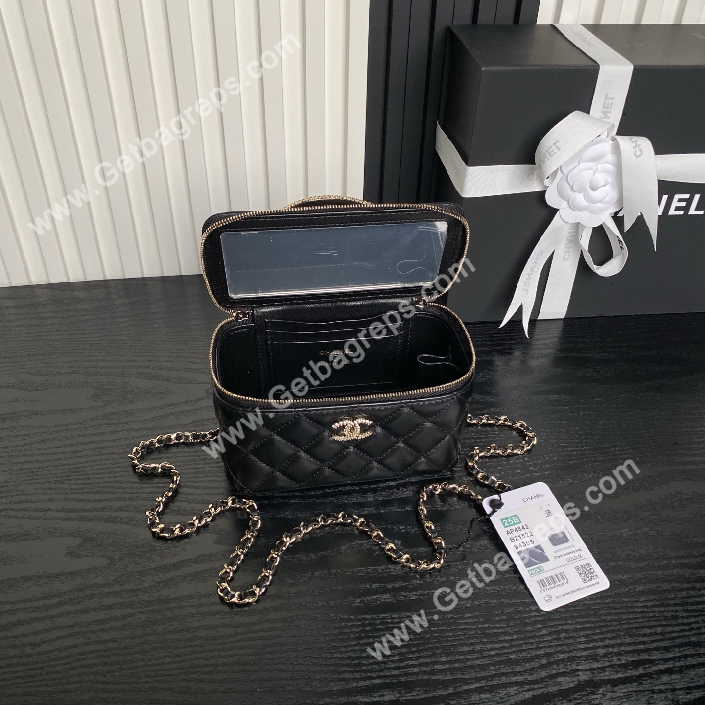 Chanel AP4842 Long Vanity With Chain Lambskin Diamonds Logo Black