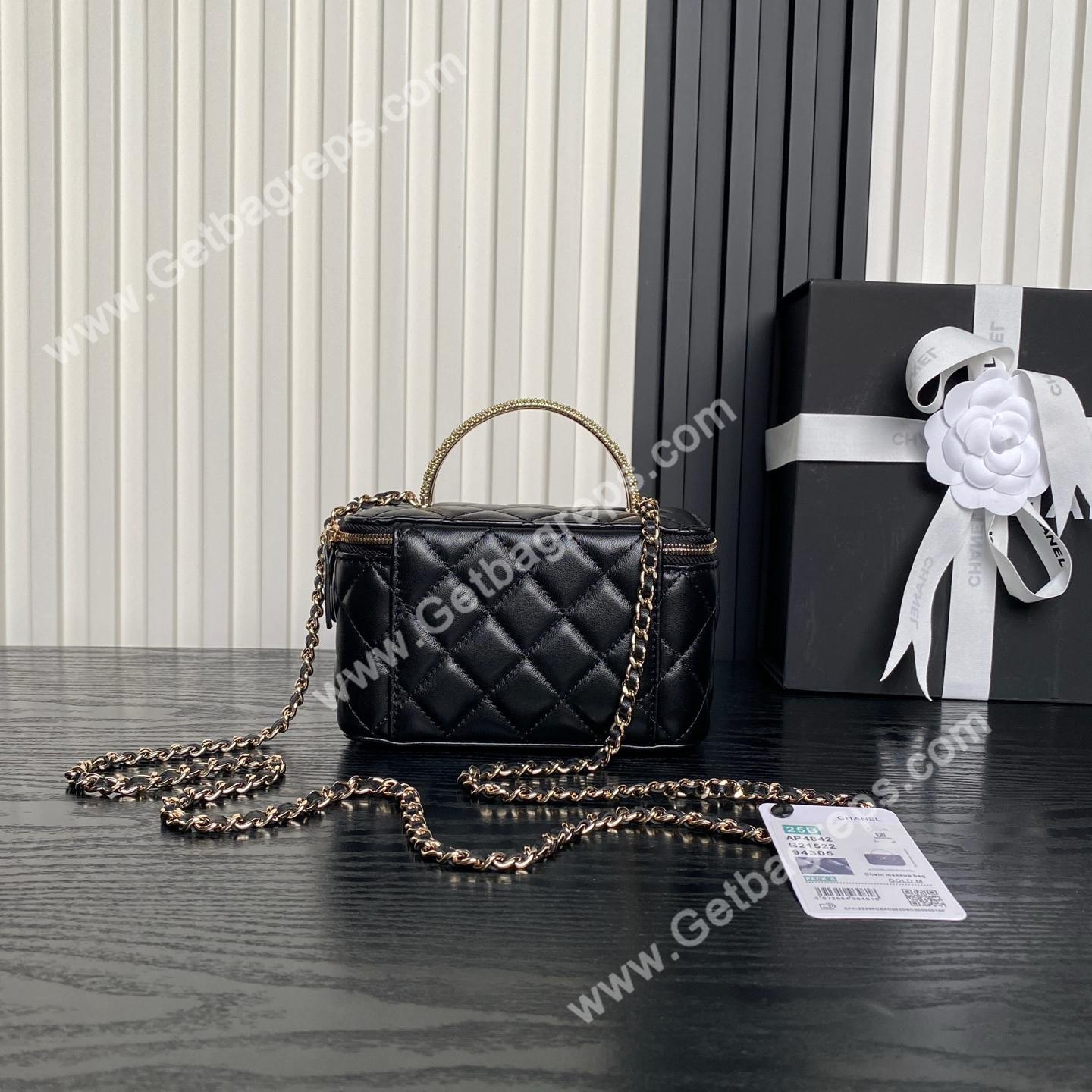 Chanel AP4842 Long Vanity With Chain Lambskin Diamonds Logo Black