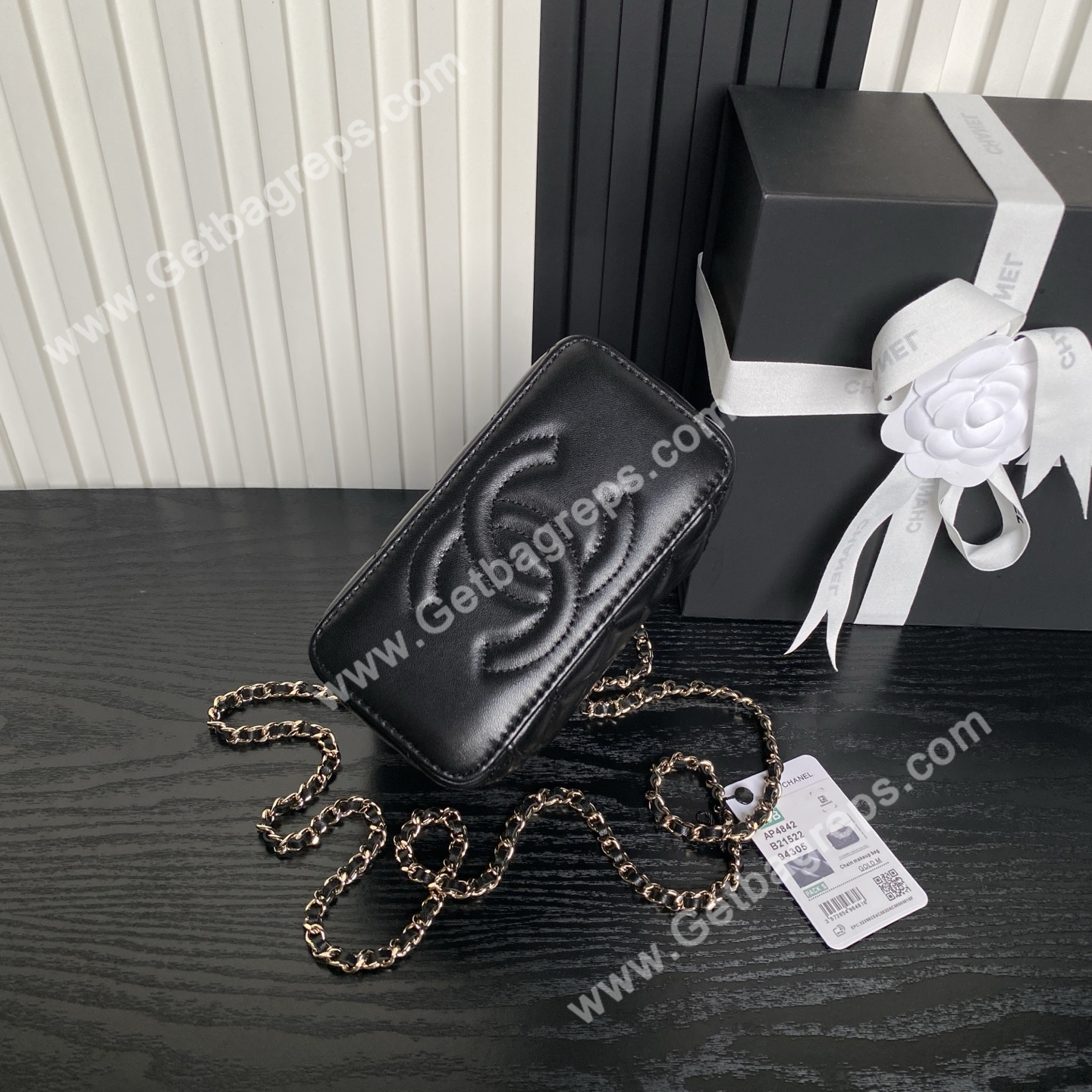 Chanel AP4842 Long Vanity With Chain Lambskin Diamonds Logo Black
