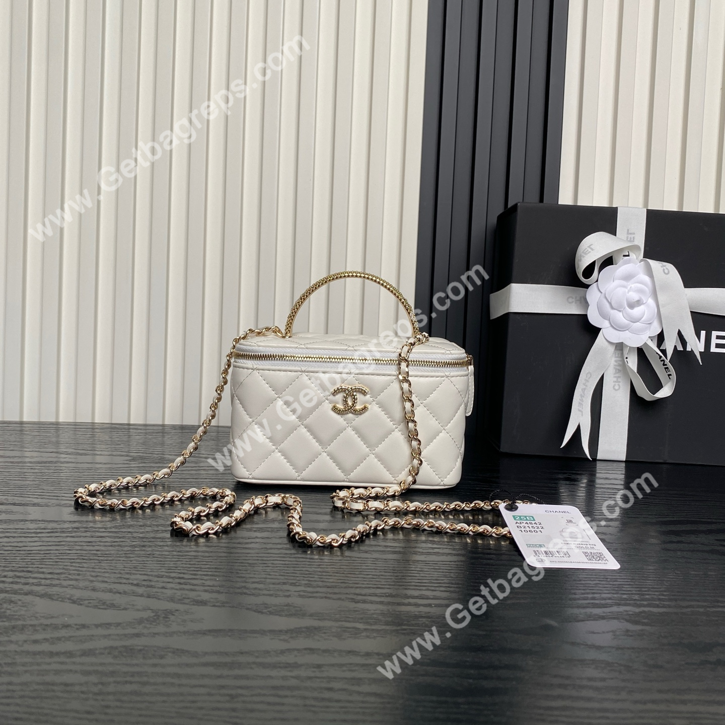Chanel AP4842 Long Vanity With Chain Lambskin Diamonds Logo White