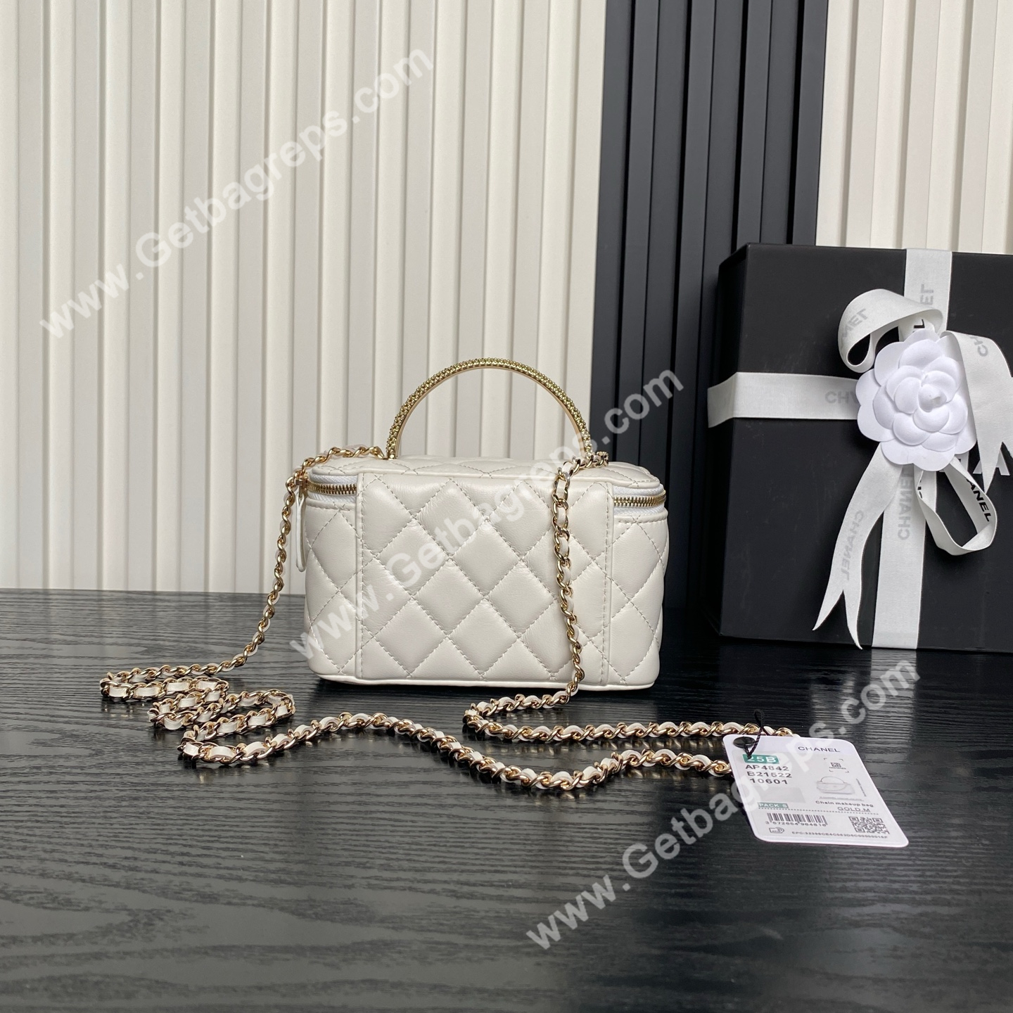 Chanel AP4842 Long Vanity With Chain Lambskin Diamonds Logo White
