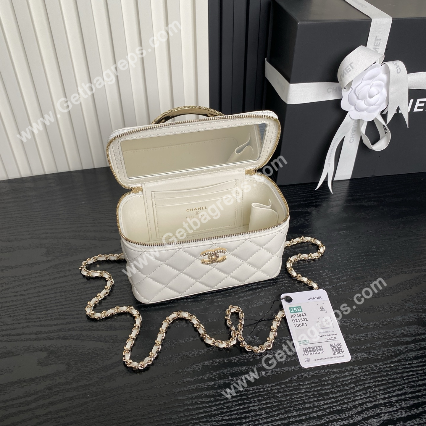 Chanel AP4842 Long Vanity With Chain Lambskin Diamonds Logo White