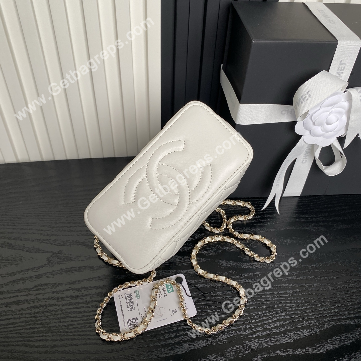 Chanel AP4842 Long Vanity With Chain Lambskin Diamonds Logo White
