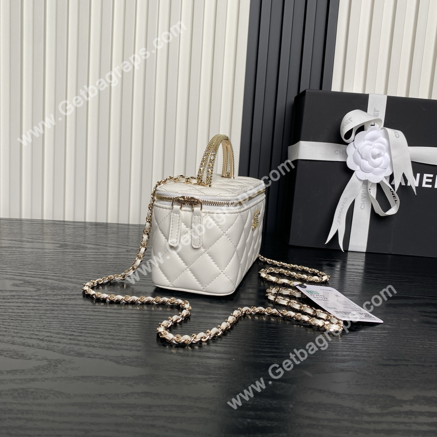 Chanel AP4842 Long Vanity With Chain Lambskin Diamonds Logo White